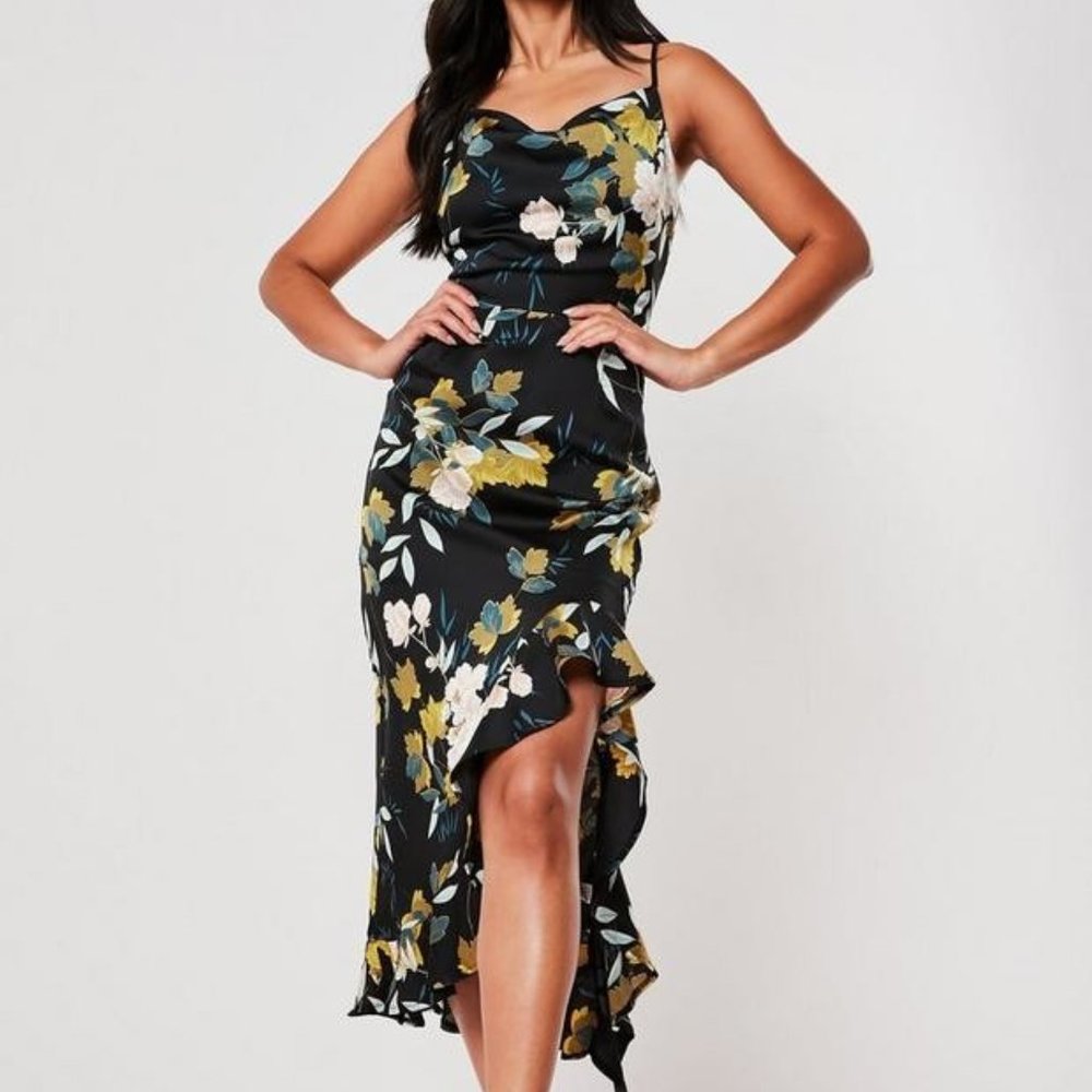 Missguided Black Floral Ruffle Side Cami Midi Dress